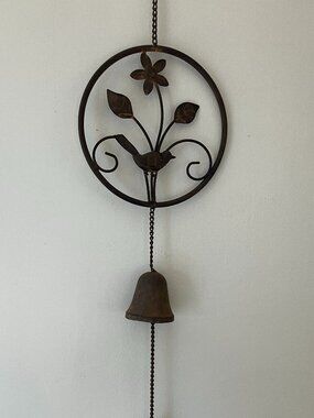 Garden Wind Chime Cast Iron Bell Bird in Ring Patio Decor